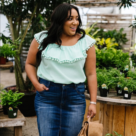 FINAL SALE❗️Penelope Pom Pom Off Shoulder Top Mint - Picture 5 of 8